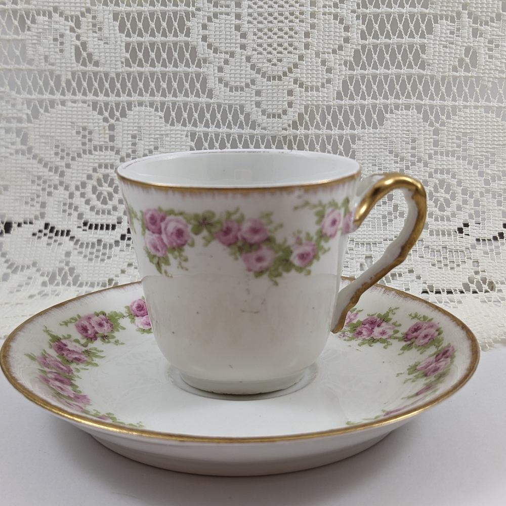 Vintage Pink Rose Bone China Teacup & Saucer with Gold Trim